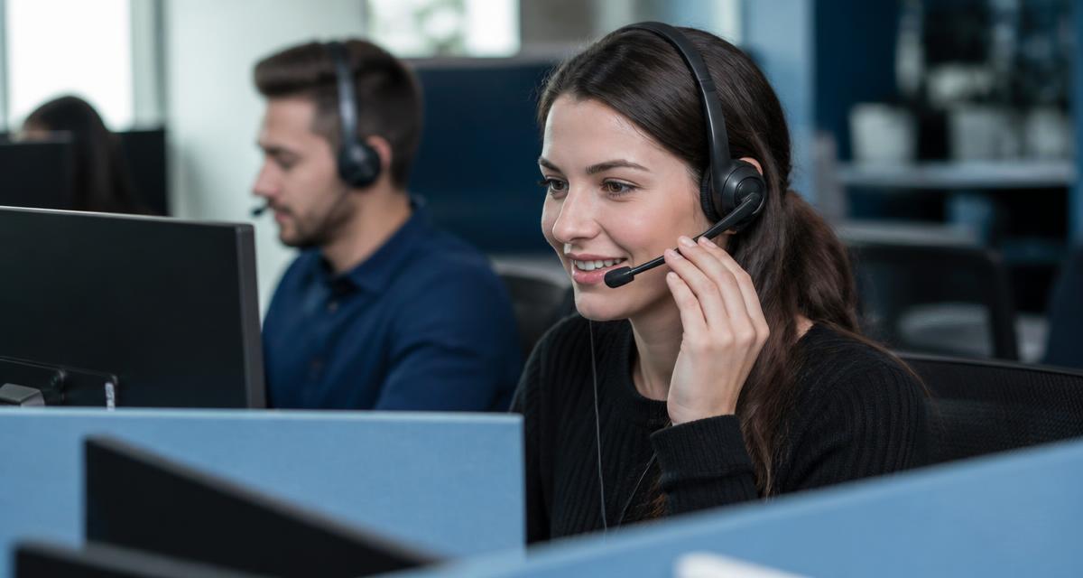 Atendente com headset conversando com um cliente ao lado de um colega de equipe