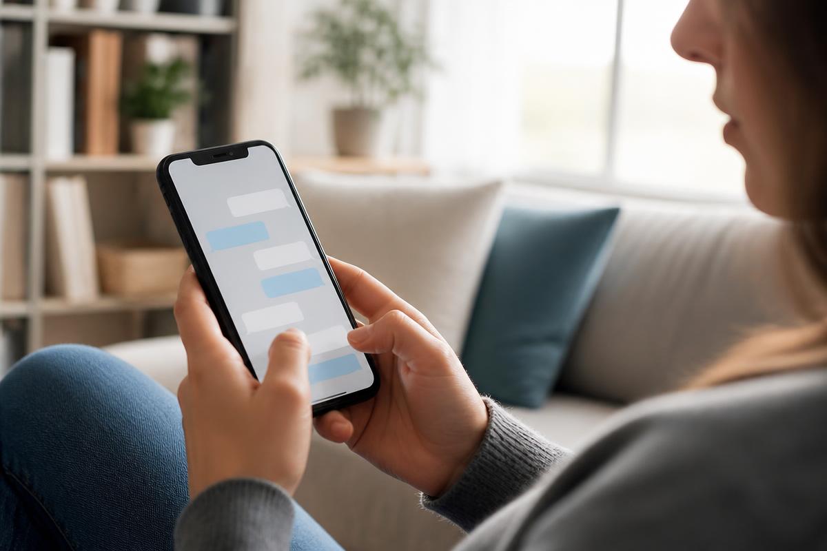 Cliente lendo uma conversa de atendimento no celular em casa