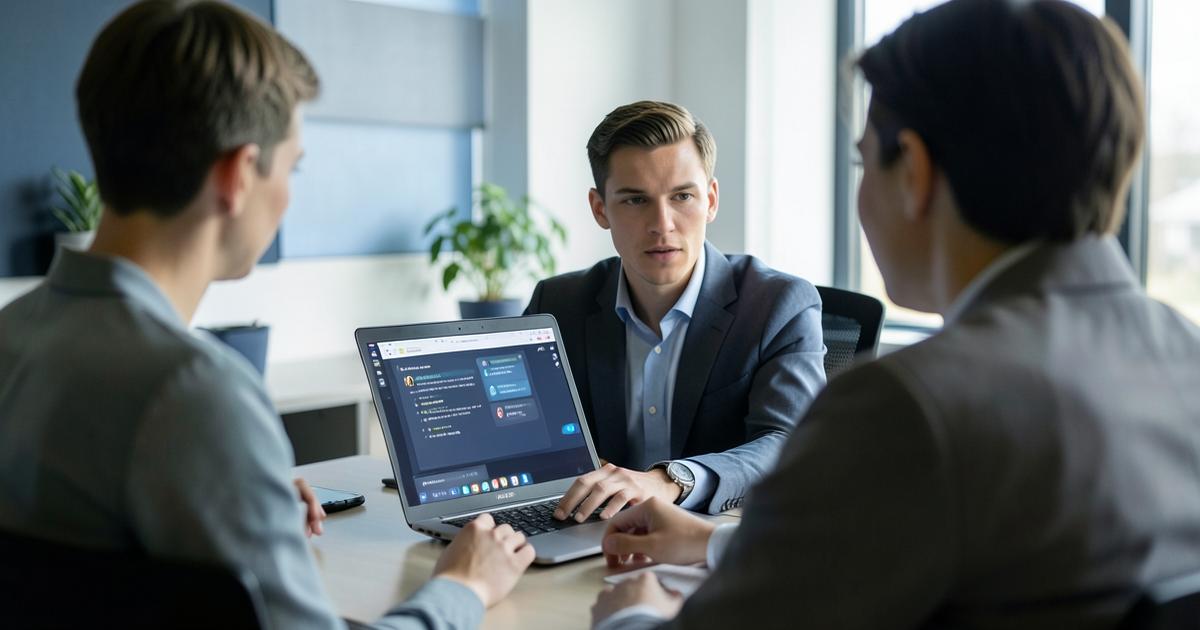 Profissional usando um assistente de IA no computador durante o expediente