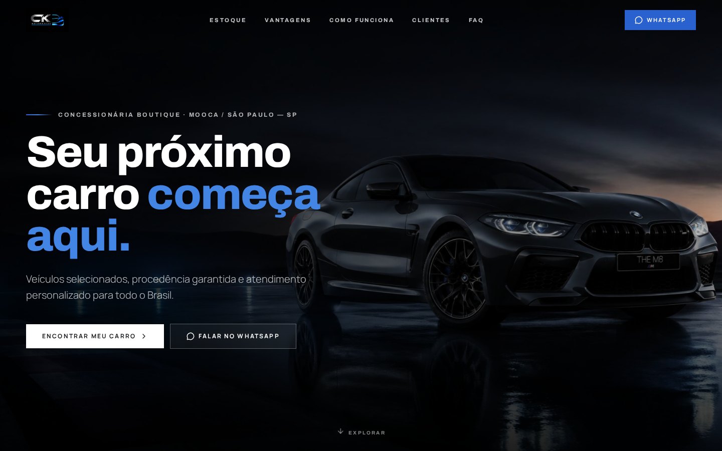 Página inicial da CK Automarcas com carro esportivo escuro e chamada Seu próximo carro começa aqui.