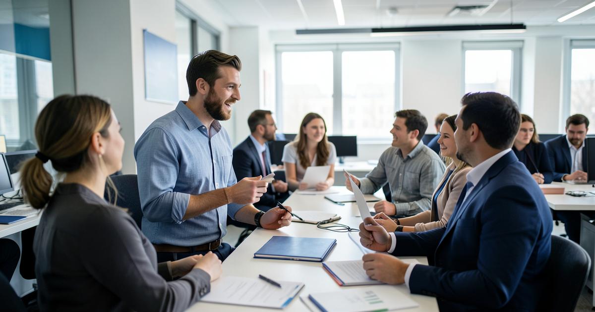 Líder apresentando prioridades para a equipe em um escritório aberto