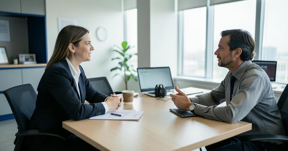 Empresária conversando com um consultor de tecnologia em uma sala de reunião