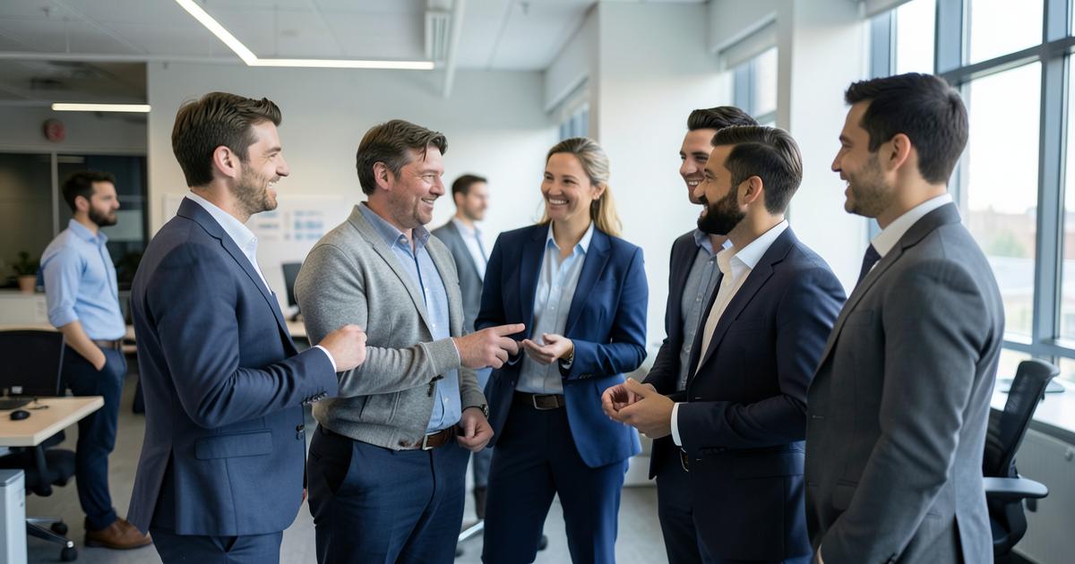 Time comercial reunido em pé para o alinhamento da manhã