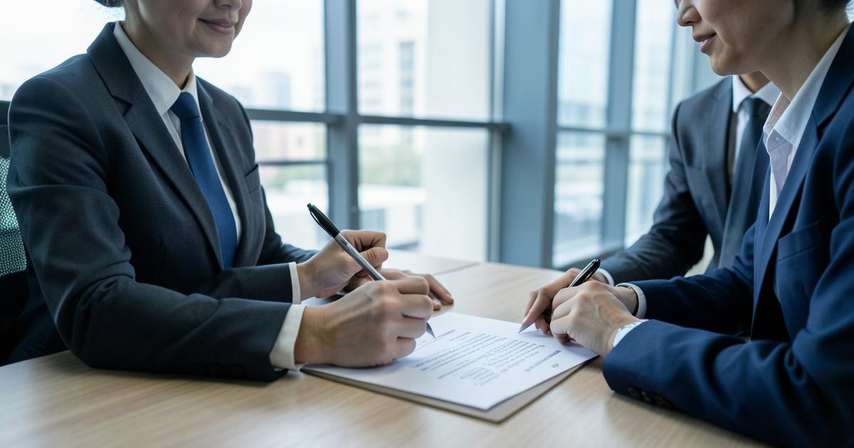 Dois profissionais analisando uma proposta comercial impressa