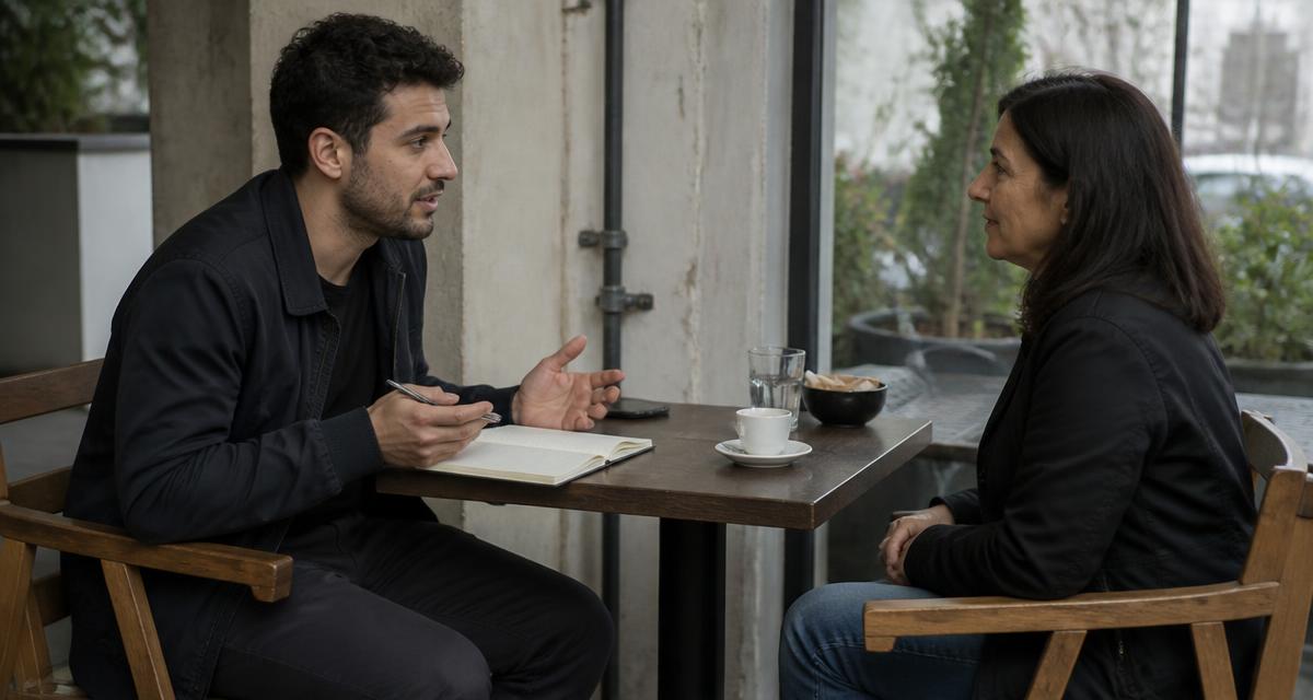 Empreendedor entrevistando uma possível cliente em uma mesa de café, com caderno aberto