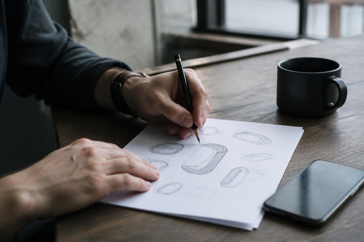 Mãos esboçando ideias de produto a lápis em uma folha de papel