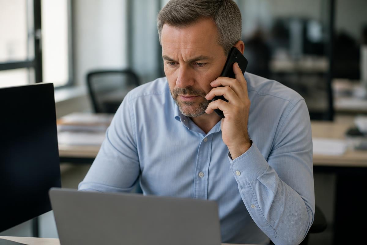 Vendedor em ligação com o cliente enquanto consulta a lista de oportunidades no notebook