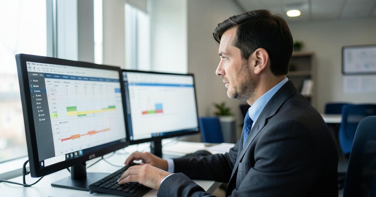 Controller analisando o fluxo de caixa em dois monitores