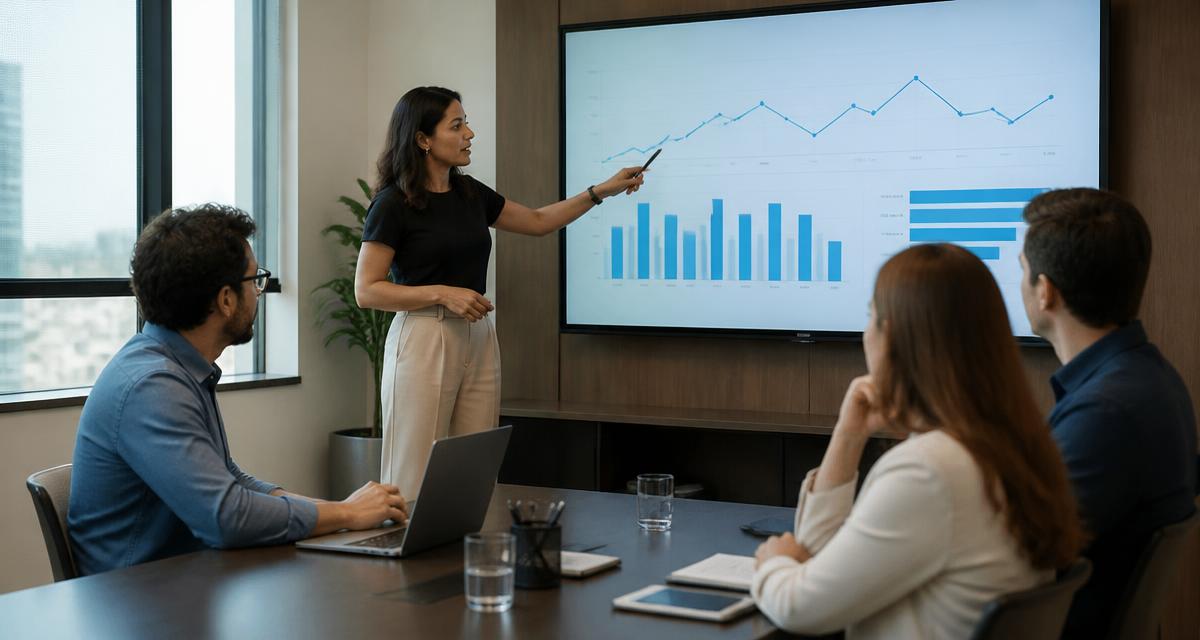 Gestora apontando para gráficos em uma tela durante reunião de resultados com o time