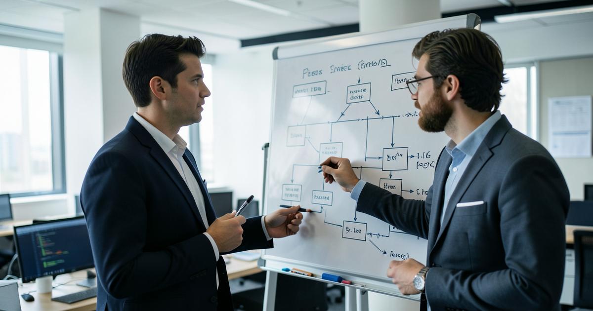 Dois profissionais desenhando a integração entre sistemas em um quadro branco
