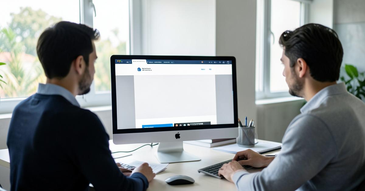 Dupla revisando uma página de captação em um monitor grande