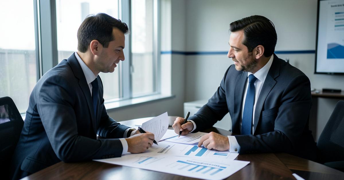 Executivos analisando contratos e gráficos de receita recorrente