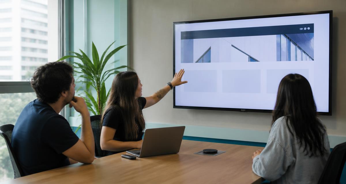 Equipe reunida analisando o site da empresa em uma tela grande na sala de reunião