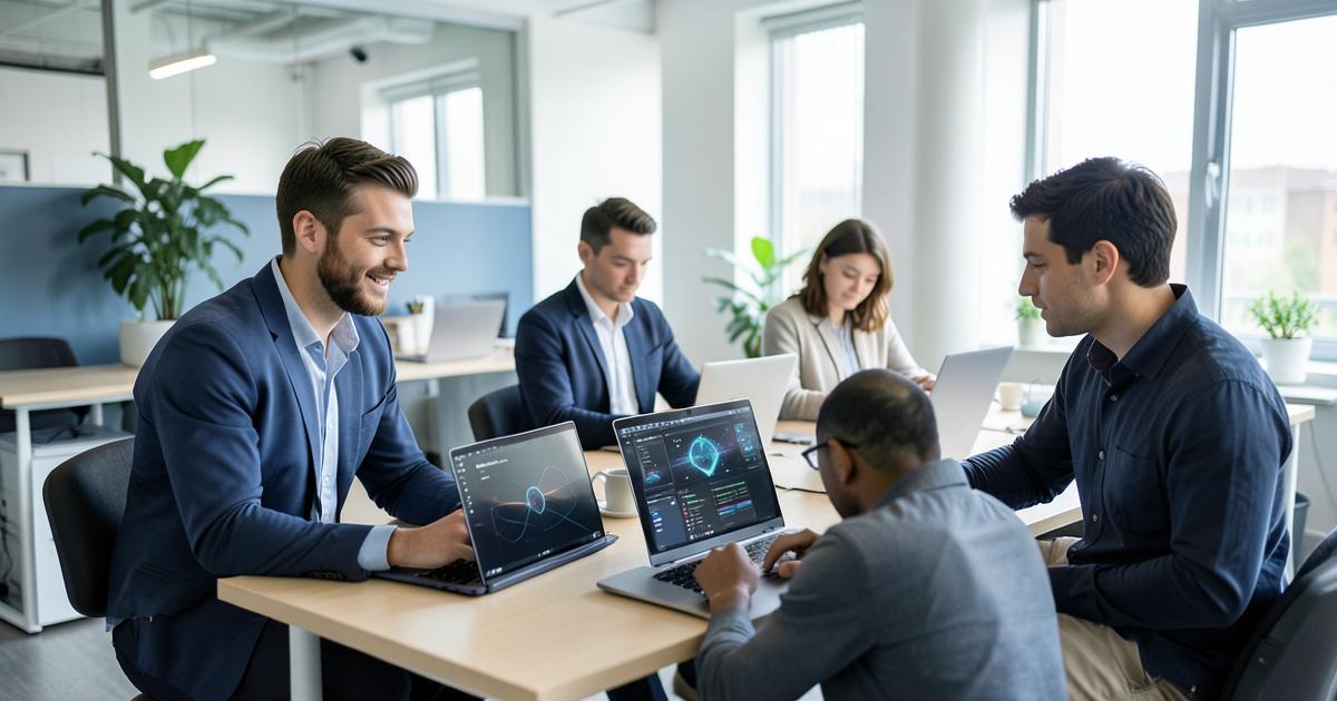 Equipe trabalhando com apoio de ferramentas de IA em notebooks