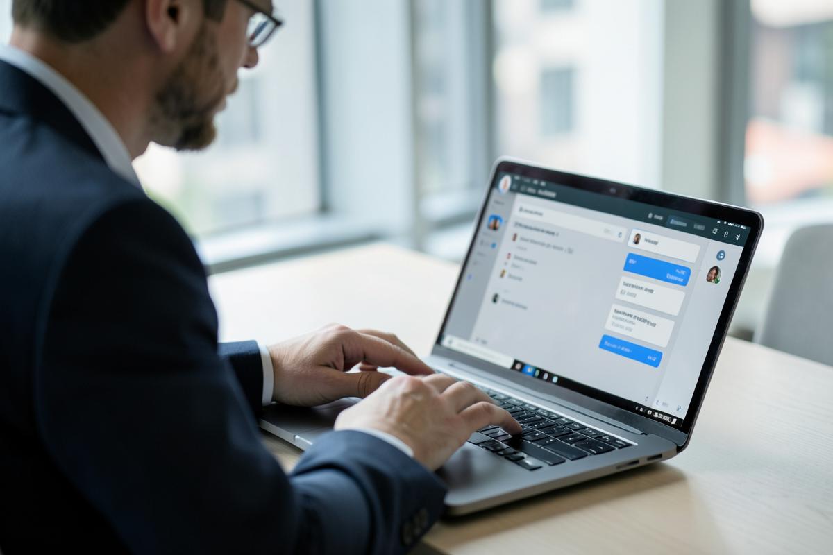 Profissional usando um assistente de IA para redigir um texto no notebook