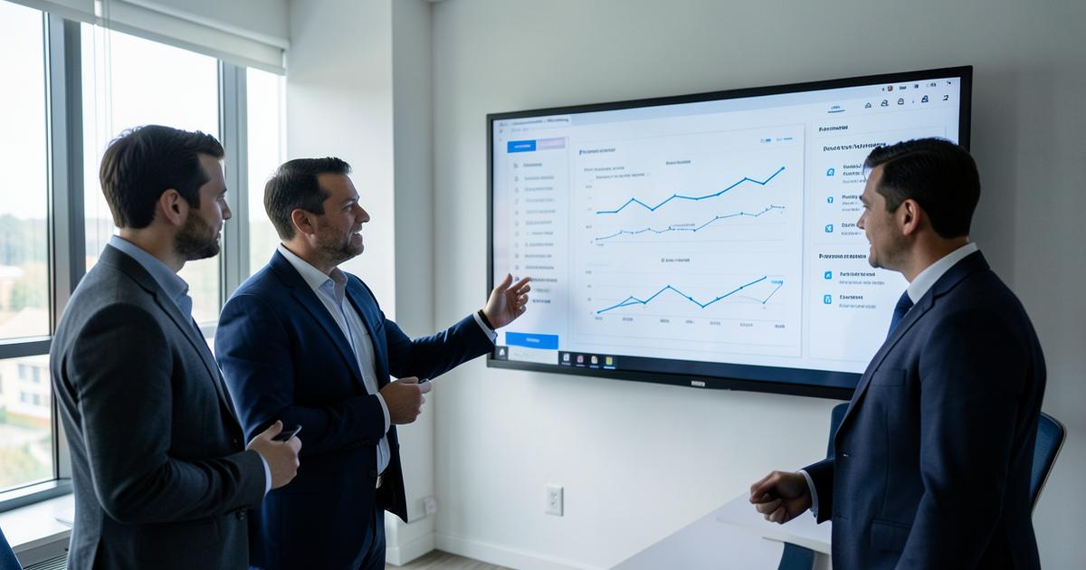 Analista apresentando um painel de indicadores para dois gestores