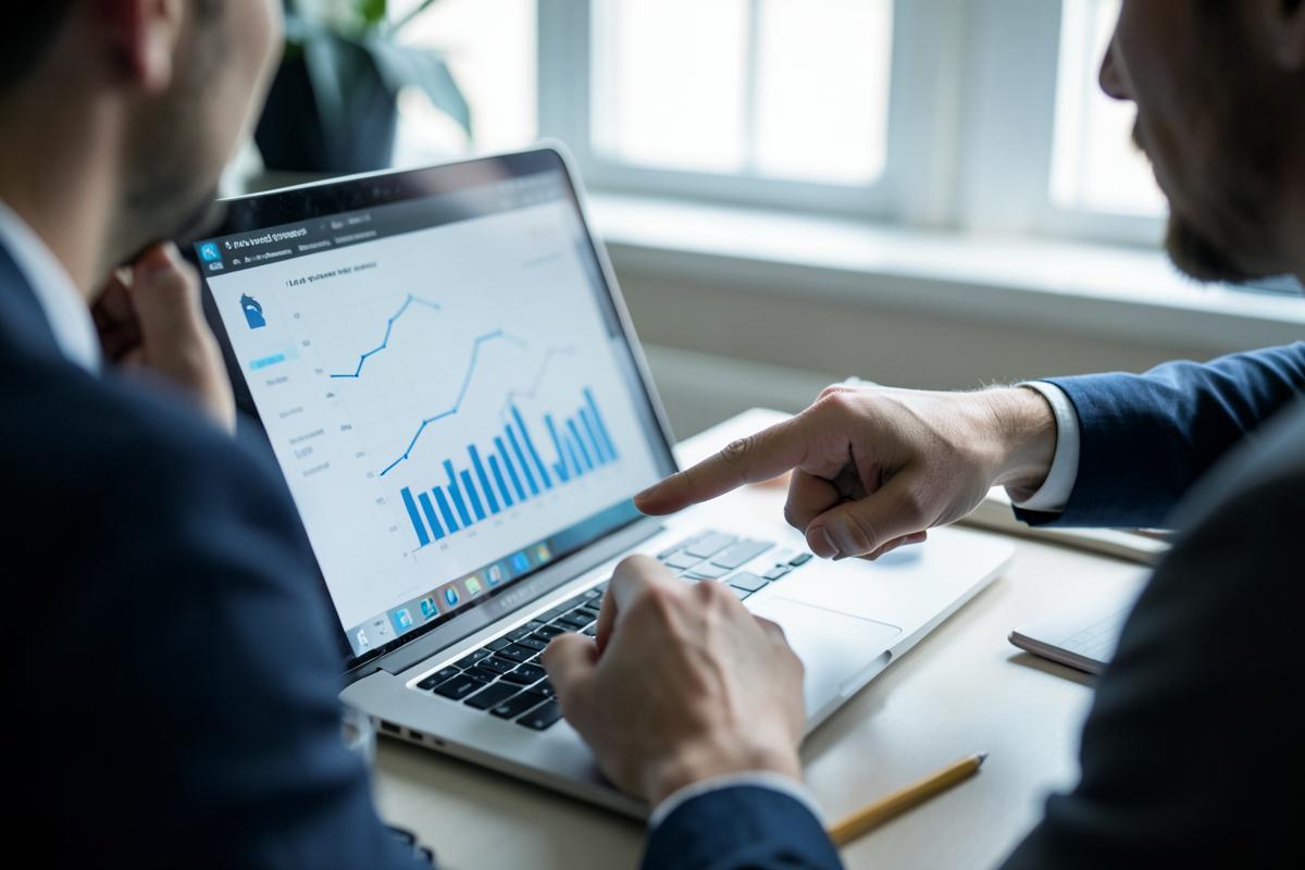 Duas pessoas analisando gráficos na tela de um notebook